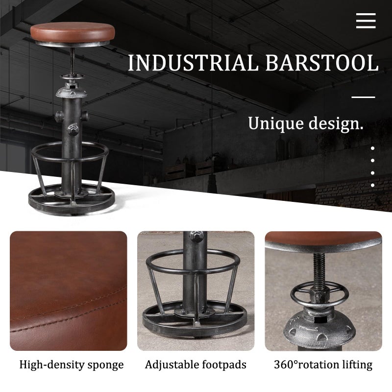 Topower Antique Industrial Round Bottom Adjustable Height Cafe Coffee Retro Vintage Stylish Water Pipe Design Pub Kitchen Bar Stool (Silver, PU Leather Top) - Image 5